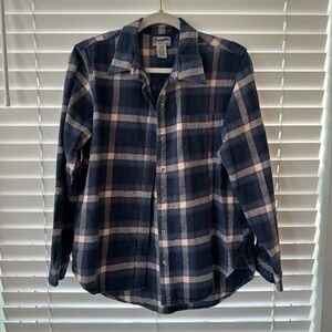 Wrangler Blue and White Plaid Flannel Shirt with Red Accents